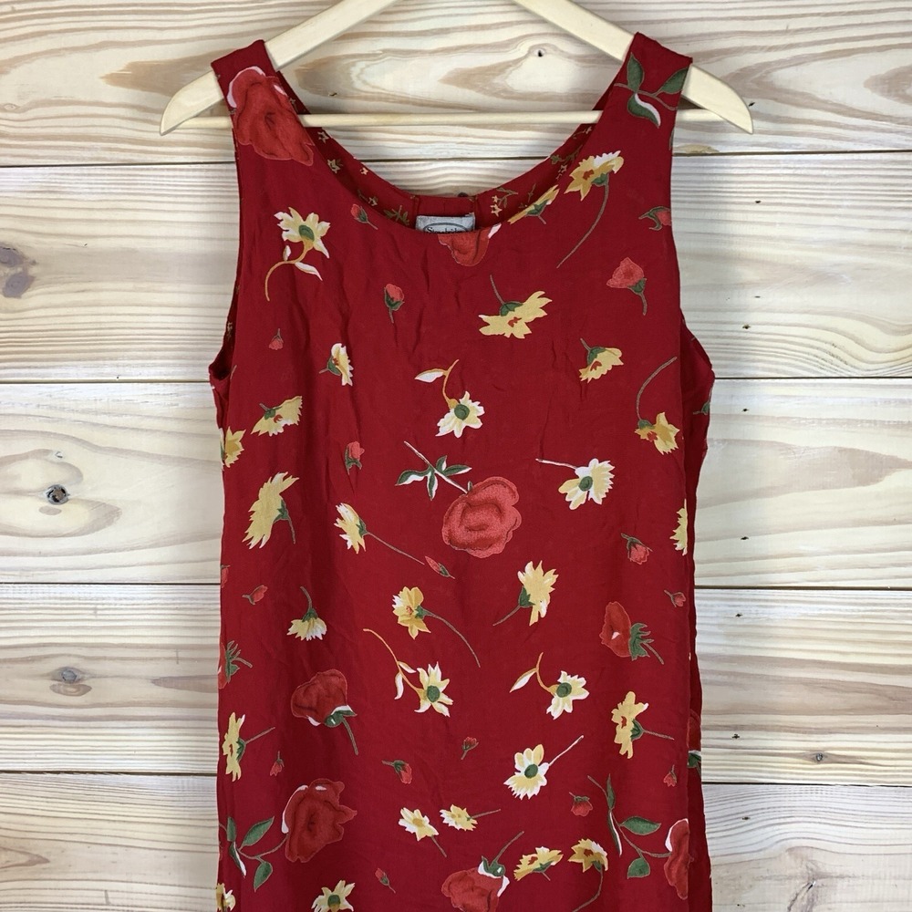 Vtg Stonebridge Dress 16 Reversible Red Floral‎ Midi Sleeveless Cottage Fairy